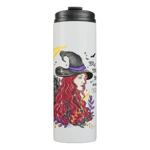 Witch with Black Cat and Crescent Moon Thermal Tumbler