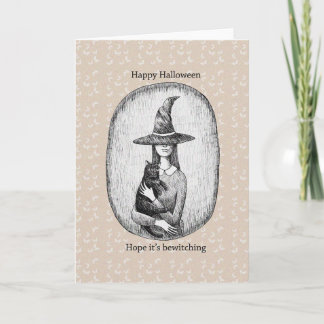 Witch with black cat Retro Classic Halloween Card