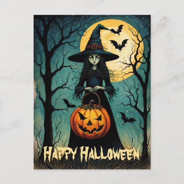 Witch With Creepy Pumpkin Lantern Halloween Postcard (Front)
