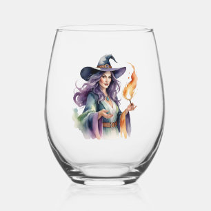 Witch with fire stemless wine glass
