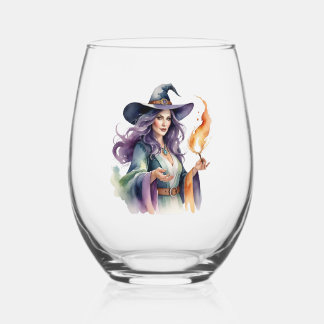 Witch with fire stemless wine glass