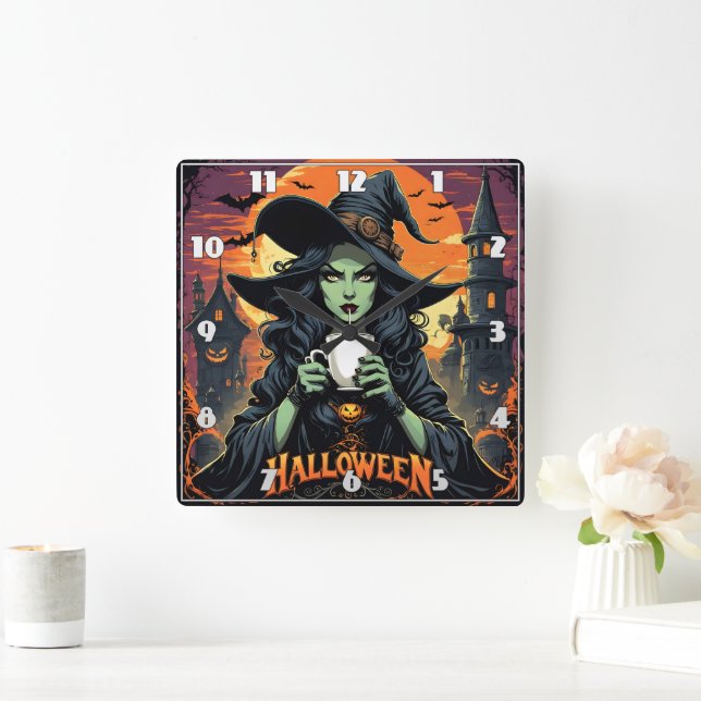 Witch with green skin sipping tea on Halloween Square Wall Clock (Home)