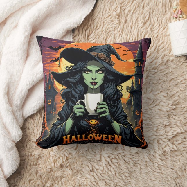 Witch with green skin sipping tea on Halloween Throw Pillow (Blanket)