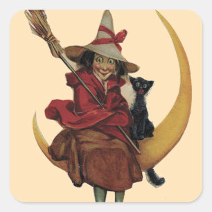 Witch with Her Cat on the Moon - Halloween Sticker
