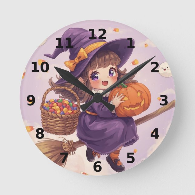 Witch with Pumpkin Halloween Clock (Front)