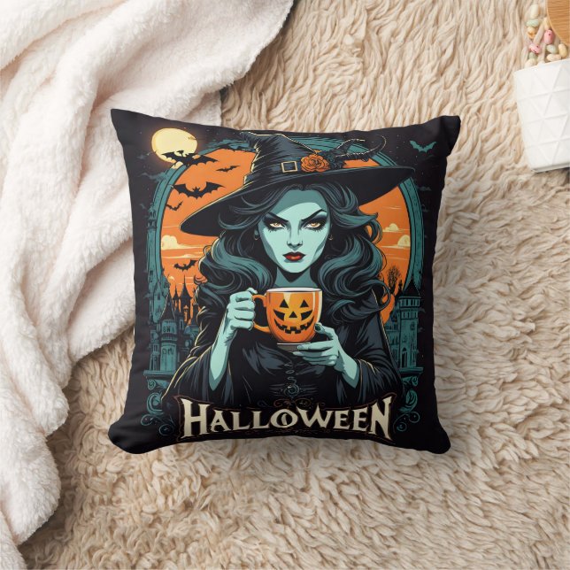 Witch with pumpkin mug on Halloween Throw Pillow (Blanket)