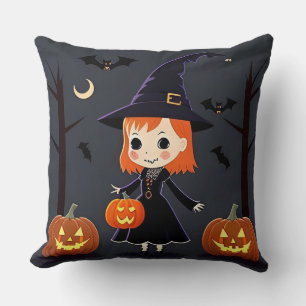 Witch With Pumpkins, Bats, and Spooky Decor Throw Pillow
