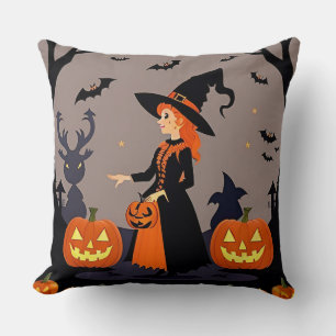 Witch With Pumpkins, Bats, and Spooky Decor Throw Pillow