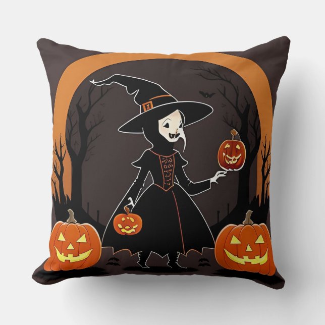 Witch With Pumpkins, Bats, and Spooky Decor Throw Pillow (Front)