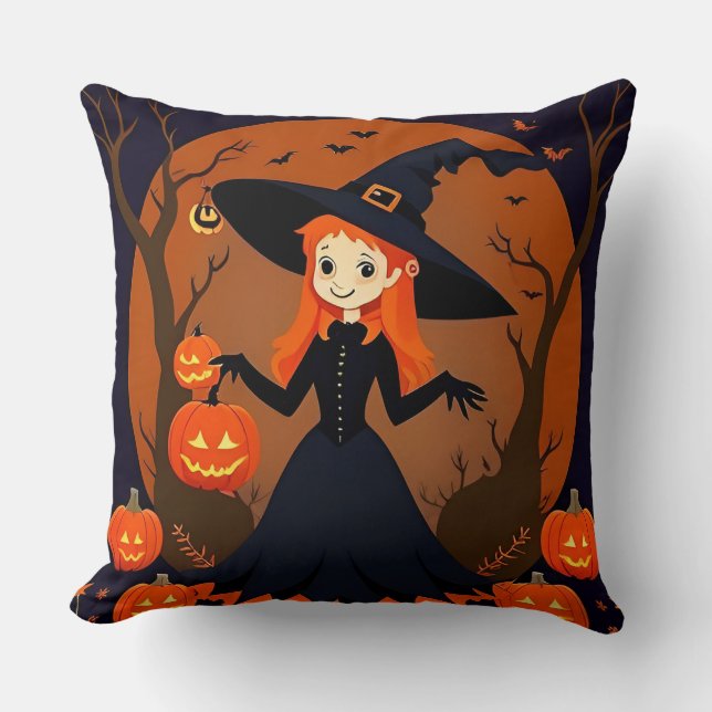 Witch With Pumpkins, Bats, and Spooky Decor Throw Pillow (Front)