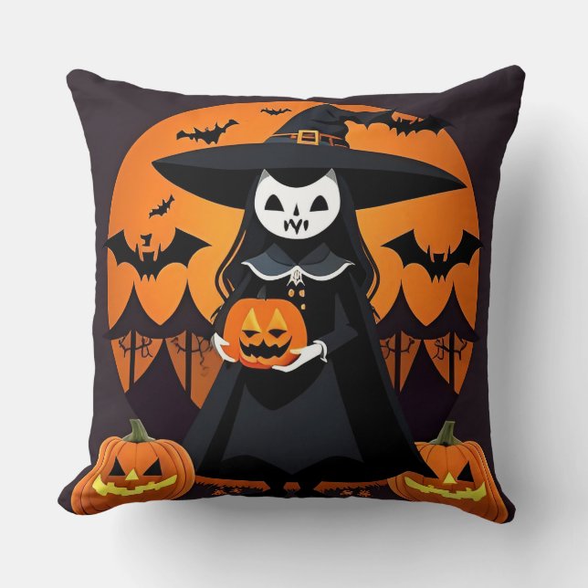 Witch With Pumpkins, Bats, and Spooky Decor Throw Pillow (Front)