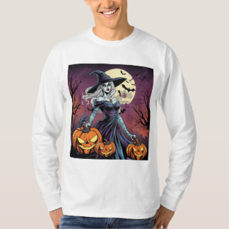 Witch with Pumpkins Under Full Moon T-Shirt
