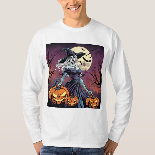Witch with Pumpkins Under Full Moon T-Shirt (Front)