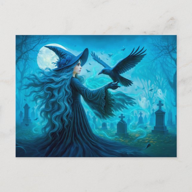 Witch with raven in moonlit graveyard holiday postcard (Front)