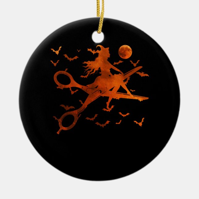 Witch With Scissors Broom Hair Stylist Halloween H Ceramic Ornament (Front)