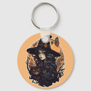 Witch with the black cat halloween keychain