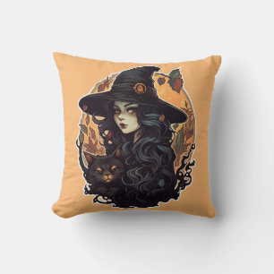 Witch with the black cat halloween throw pillow