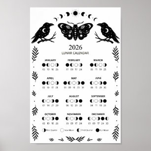 Witchcraft Moth Crow Celestial Lunar Moon Calendar Poster