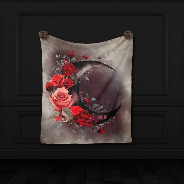 Witchery | Crescent Moon with Gothic Red Roses Fleece Blanket (Creator Uploaded)