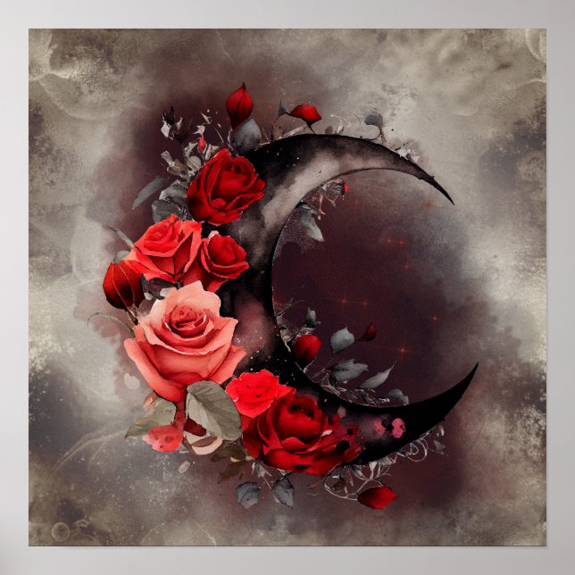 Witchery | Crescent Moon with Gothic Red Roses Poster (Front)