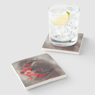 Witchery   Crescent Moon with Gothic Red Roses Stone Coaster