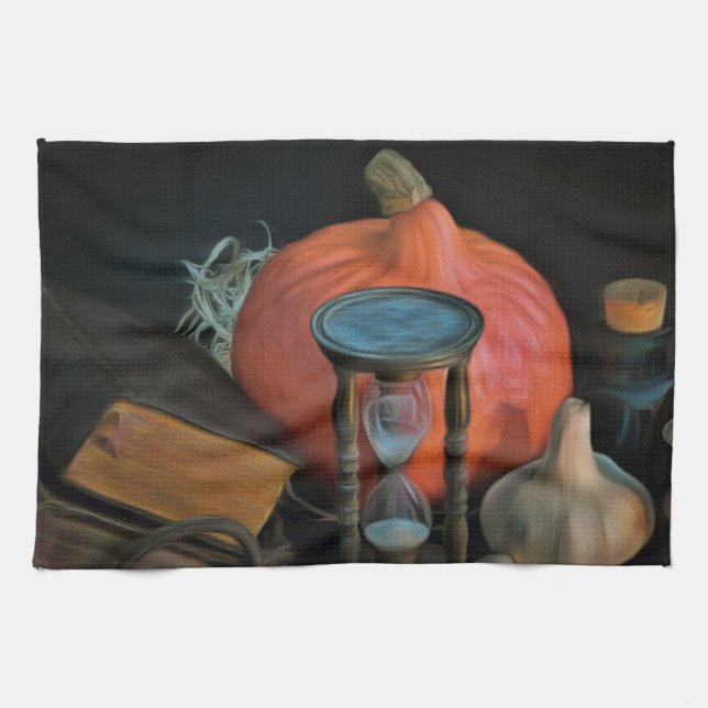 Witchery objects on a table in a dark room kitchen towel (Horizontal)