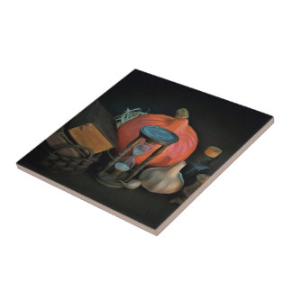Witchery objects on a table in a dark room tile