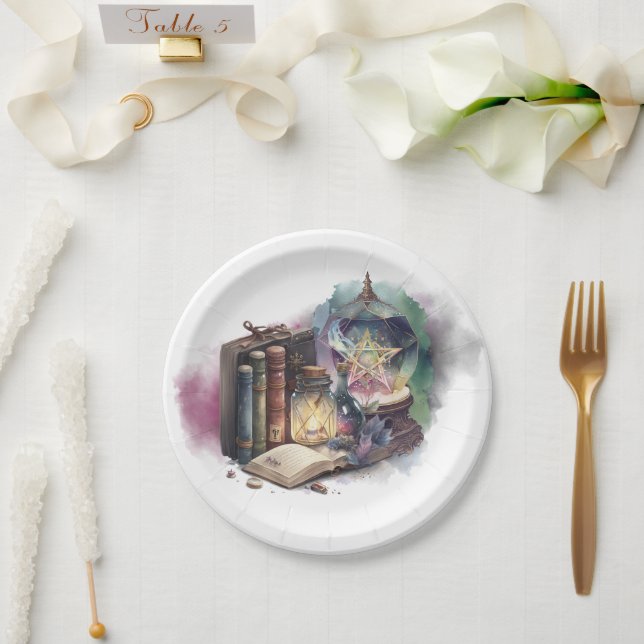 Witchery | Pastel Spellbook Tomes and Crystal Ball Paper Plate (Wedding)