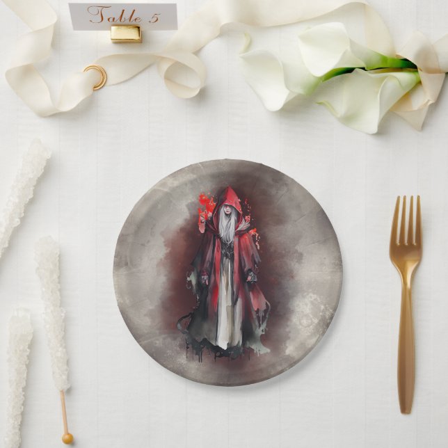 Witchery | Red Witch with Dark Evil Gothic Shadows Paper Plate (Wedding)