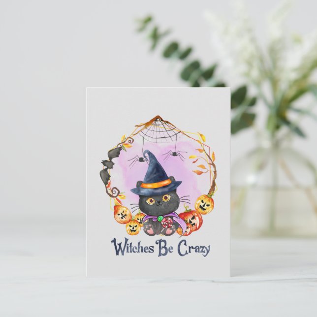 Witches Be Crazy – Witch Black Cat Postcard (Standing Front)