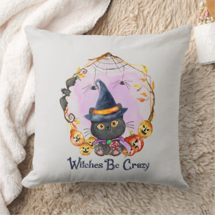 Witches Be Crazy – Witch Black Cat Throw Pillow