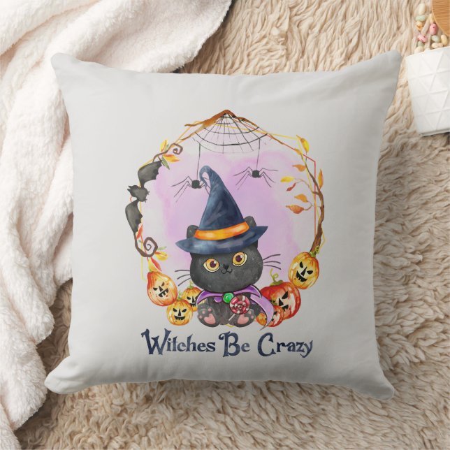 Witches Be Crazy – Witch Black Cat Throw Pillow (Blanket)