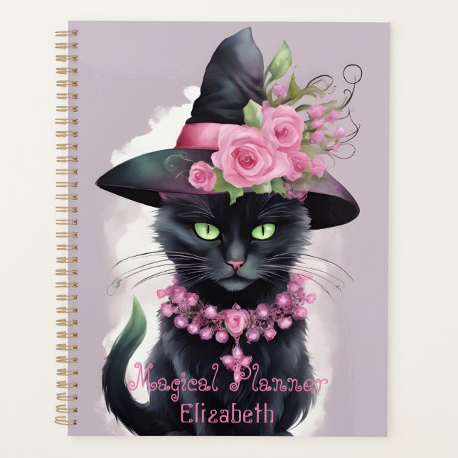 Witches Black Cat Pink Flower Magical Planner (Front)