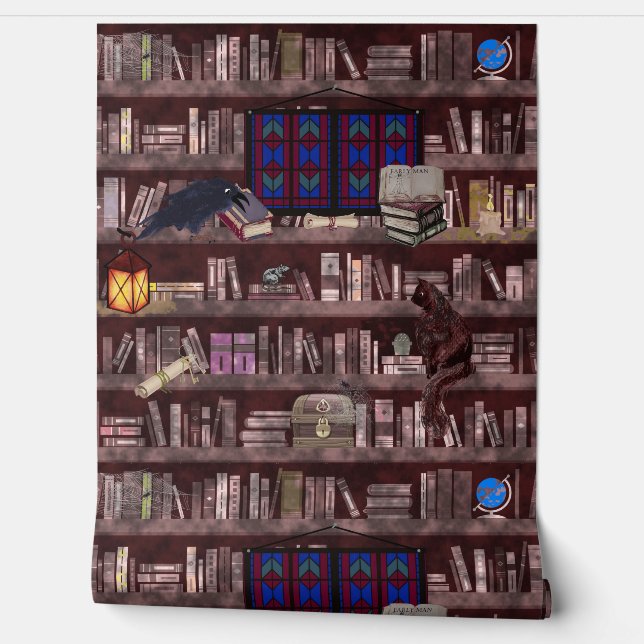 Witches Bookshelf With Grimoire Animals And Spells Wallpaper (Unrolling)