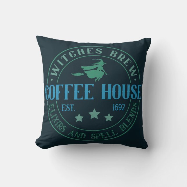 Witches Brew Coffee House Black Halloween Throw Pillow (Front)