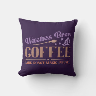 Witches Brew Coffee Witch's Hat Purple Halloween Throw Pillow