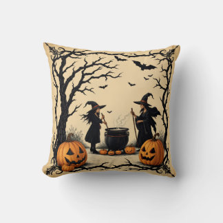 Witches Brewing Up A Potion, Halloween Witches, Throw Pillow