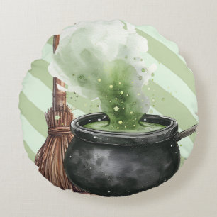 Witches broom and cauldron round pillow
