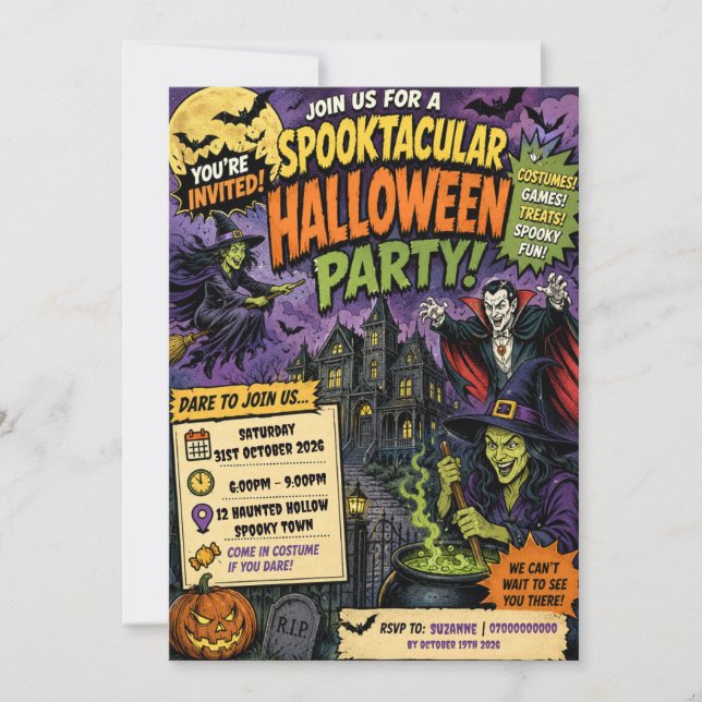 Witches caldron Halloween party invitation (Front)