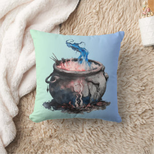 Witches Cauldron Pink and Blue Smoke Halloween Throw Pillow