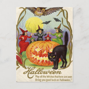 Witches Dancing Around Jack O' Lantern Holiday Postcard