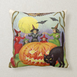 Witches Dancing Around Jack O' Lantern Throw Pillow