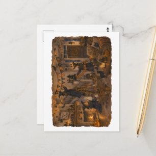 Witches Decorating Halloween Living Room for Cozy Postcard