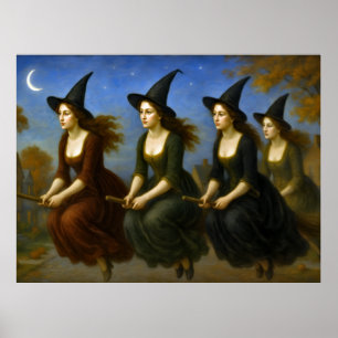 Witches flying on the brooms poster