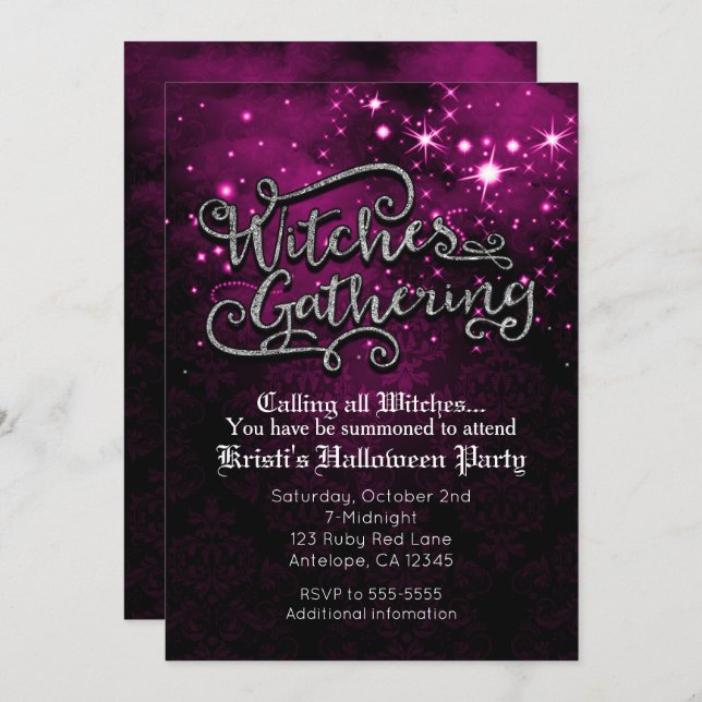 Witches Gathering Pink & Black Damask Invitation (Front/Back)