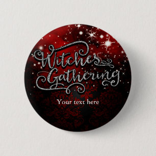 Witches Gathering Red & Black Damask Halloween 2 Inch Round Button