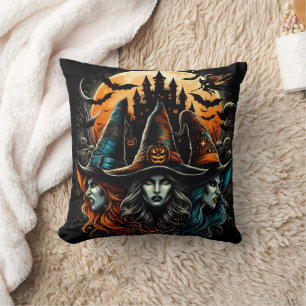 Witches gathering under a full moon on Halloween Throw Pillow