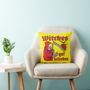 WITCHES GET STITCHES funny scary halloween Throw Pillow