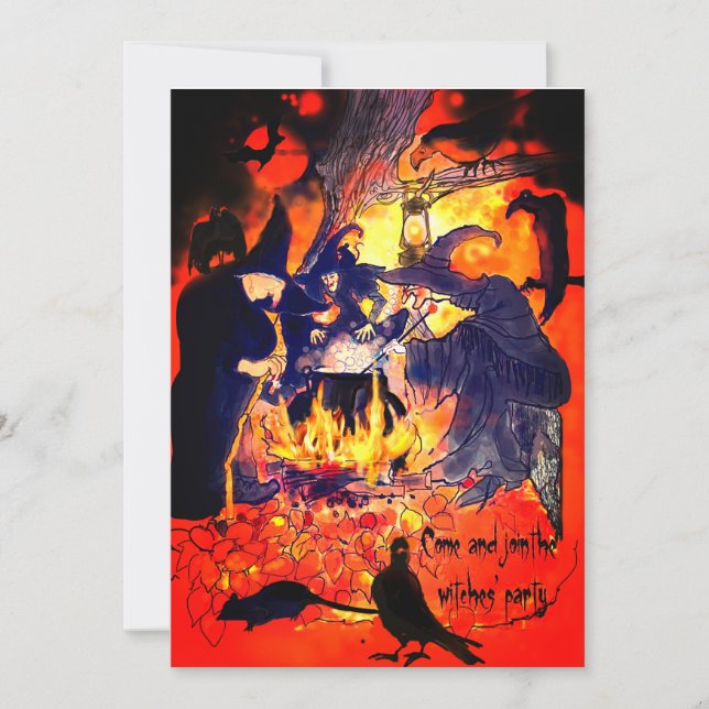 Witches Halloween Party Art Cauldron Vultures Tree Invitation (Front)