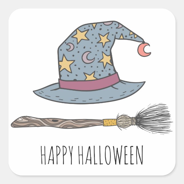 Witches Hat And Broomstick Halloween Party Square Sticker (Front)
